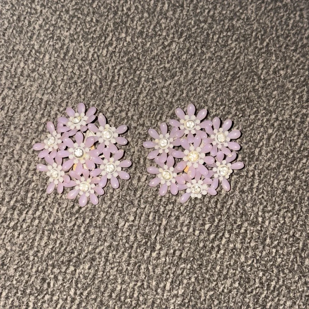Purple Flower Cluster Clip On Earrings Rhinestone Floral Mid Century Vintage